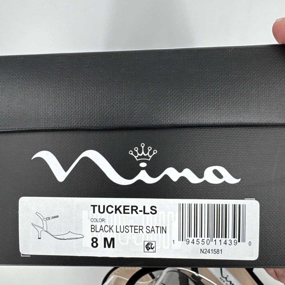 Nina Tucker Women 8M Black Luster Satin Formal Heel Crystals On‎ Ankle Strap NEW - Picture 2 of 7